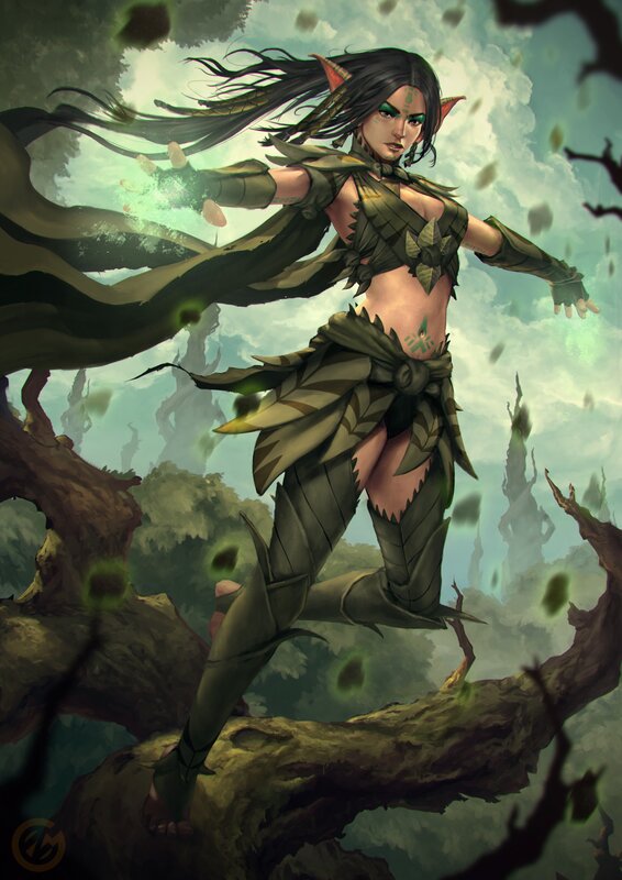 Elf Woman in Forest — Green, Dramatic, Digital Art, Tree Branch