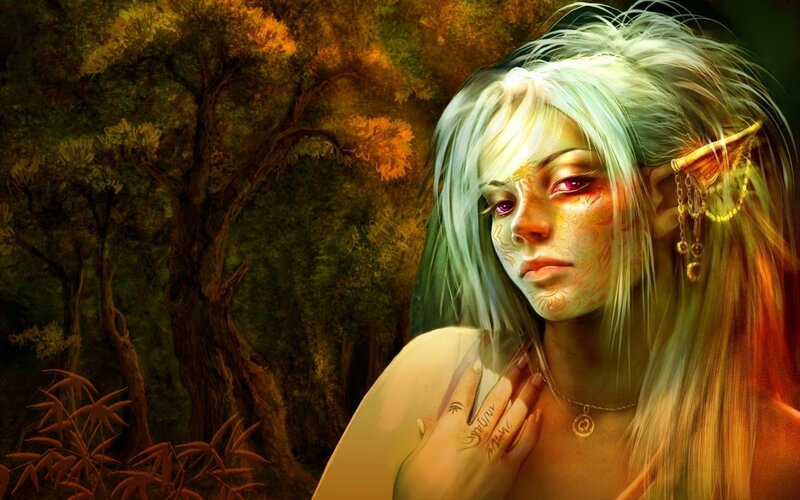 Elf Woman in Forest — Green, Dramatic, Sunset, Digital Art, Tattoos