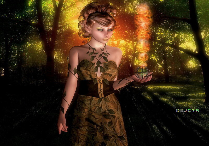 Elf Woman in Forest — Green, Dramatic, Sunset, Digital Art