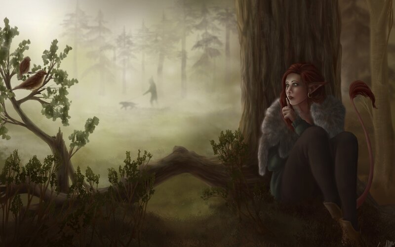 Elf Woman in Forest — Green, Misty