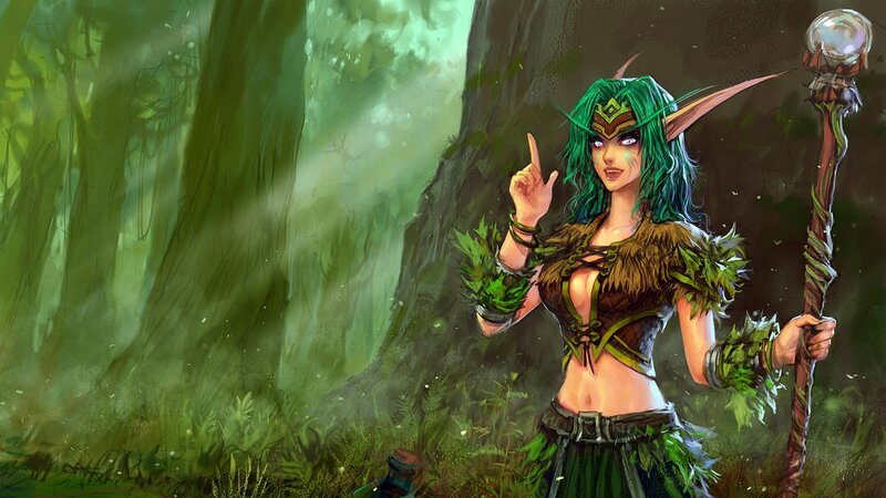 Elf Woman in Forest — Green, Mysterious, Digital Art, Staff