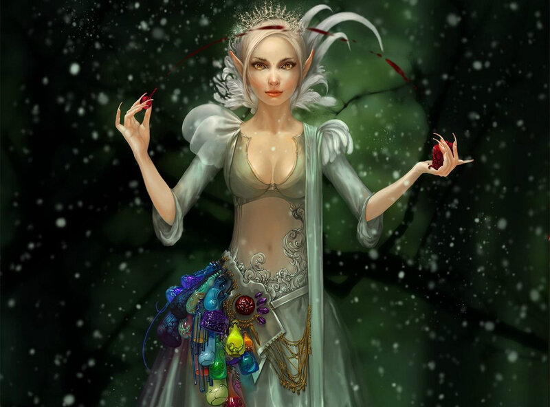 Elf Woman in Forest — Green, Mysterious, Night, Digital Art, Crown