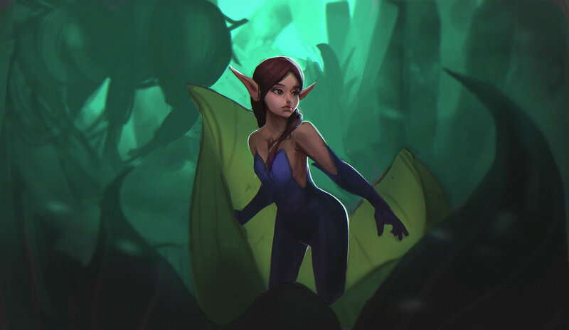 Elf Woman in Forest — Green, Mysterious, Night, Digital Art, Green Light
