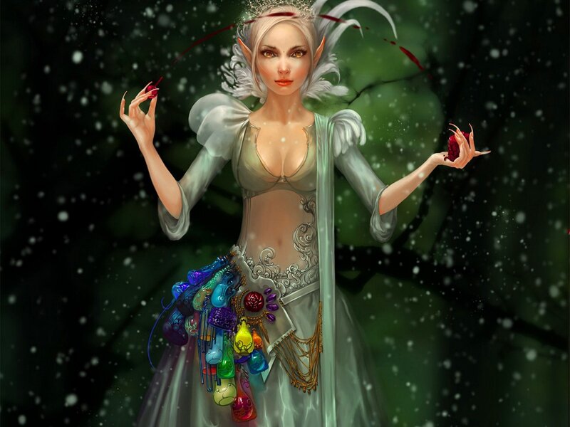 Elf Woman in Forest — Green, Mysterious, Night, Digital Art, Snow