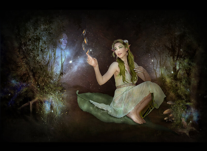 Elf Woman in Forest — Green, Mystical, Night, Digital Art