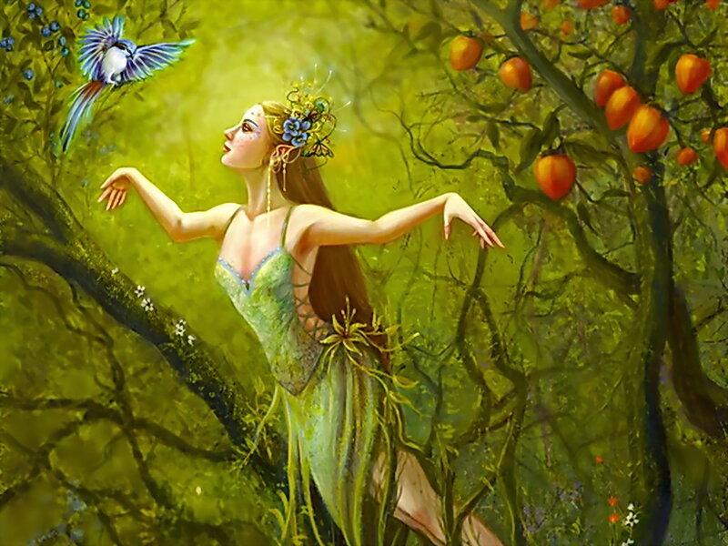 Elf Woman in Forest — Green, Serene, Afternoon, Digital Art, Bird