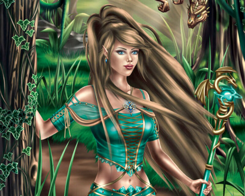 Elf Woman in Forest — Green, Serene, Afternoon, Digital Art, Staff, Dragon
