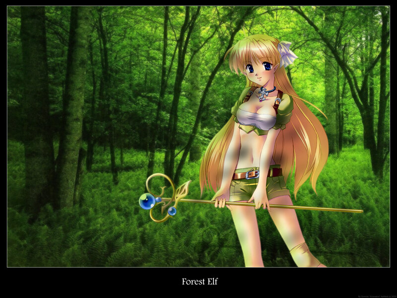Elf Woman in Forest — Green, Serene, Afternoon, Digital Art, Staff