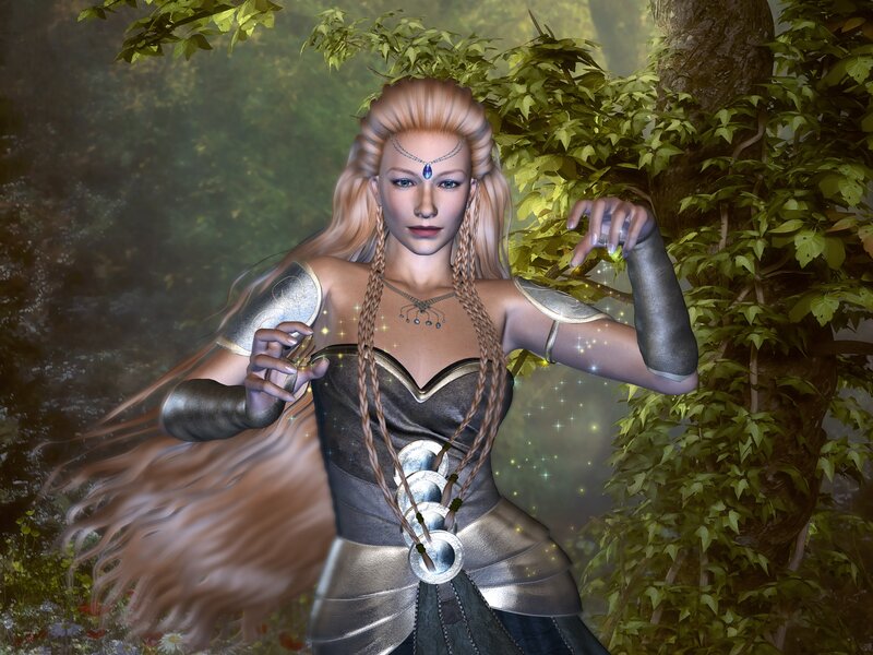 Elf Woman in Forest — Green, Serene, Afternoon, Digital Art, Tree
