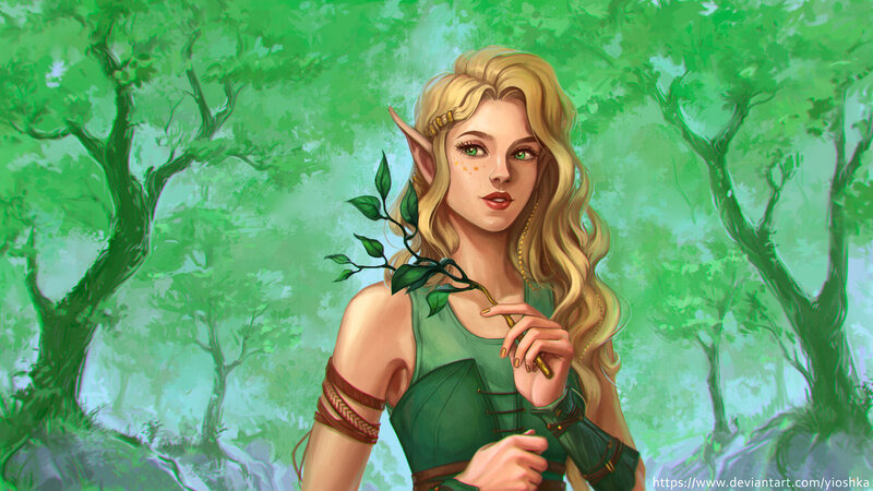 Elf Woman in Forest — Green, Serene, Digital Art, Branch