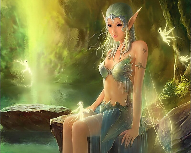 Elf Woman in Forest — Green, Serene, Digital Art, Fairies