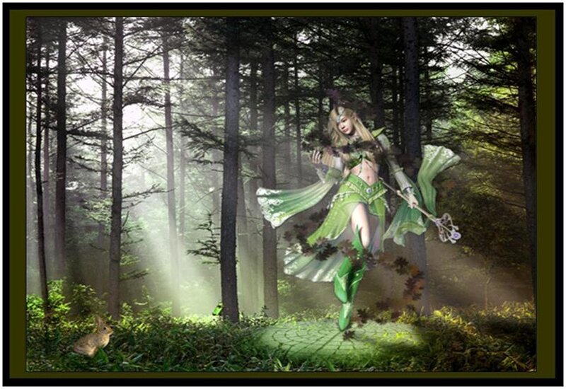 Elf Woman in Forest — Green, Serene, Morning, Digital Art, Rabbit
