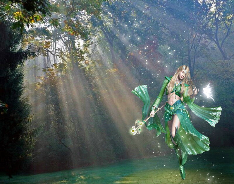 Elf Woman in Forest — Green, Serene, Morning, Digital Art