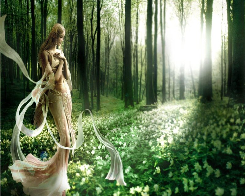 Elf Woman in Forest — Green, Serene, Morning, Digital Art, Trees