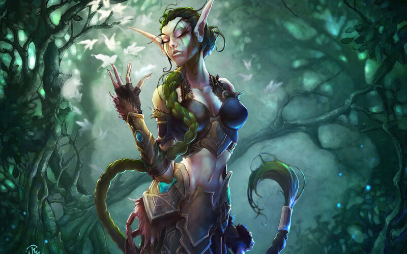 Elf Woman in Forest — Green, Serene, Night, Digital Art, Birds