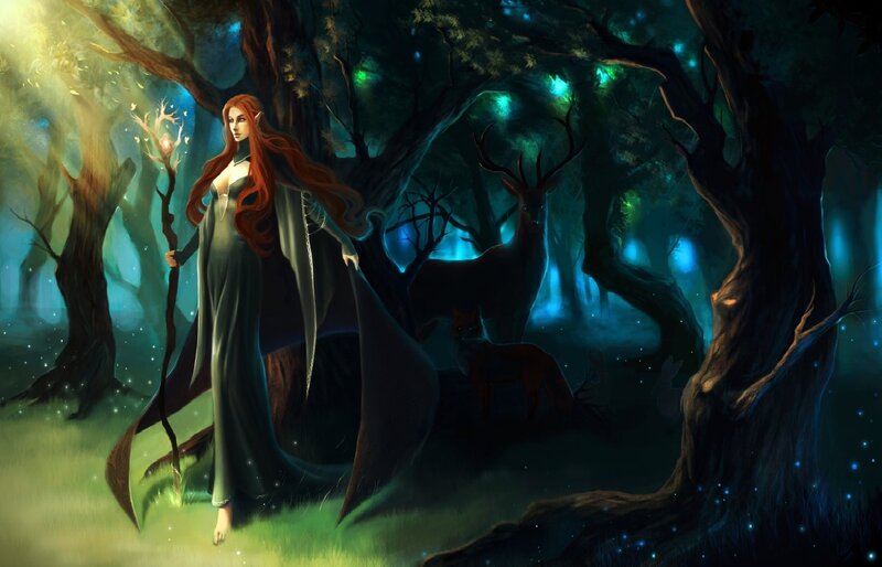 Elf Woman in Forest — Green, Serene, Night, Digital Art, Deer, Fox