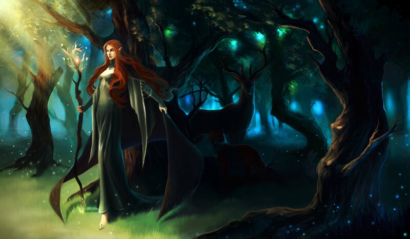 Elf Woman in Forest — Green, Serene, Night, Digital Art, Deer