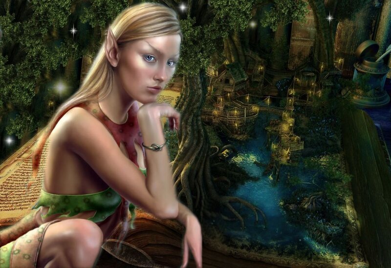 Elf Woman in Forest — Green, Serene, Night, Digital Art, River