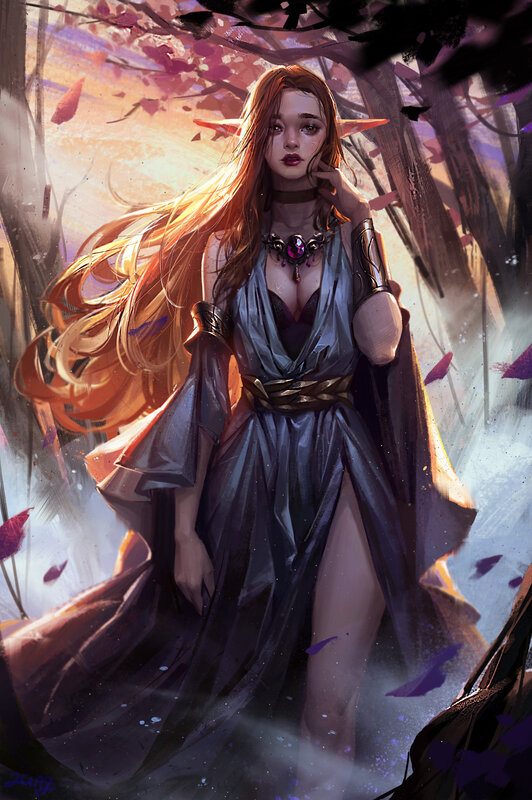 Elf Woman in Forest — Purple, Dramatic, Sunset
