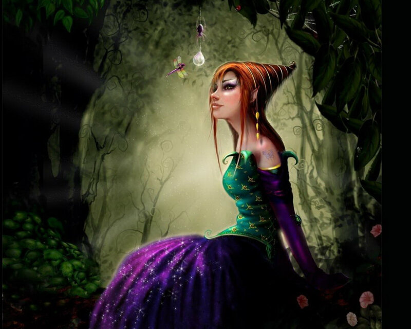 Elf Woman in Forest — Purple, Mystical, Night, Digital Art, Dragonfly