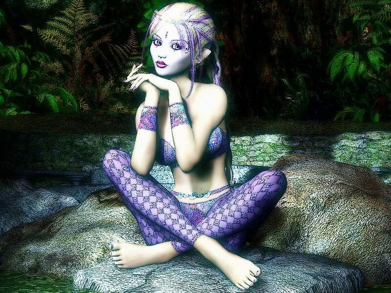 Elf Woman in Forest — Purple, Serene, Digital Art