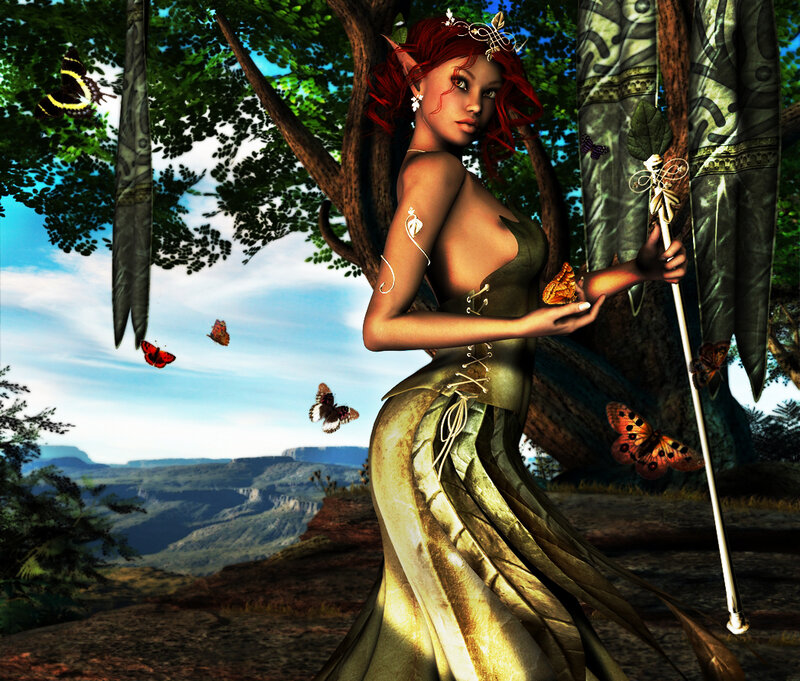 elf woman in forest with butterflies