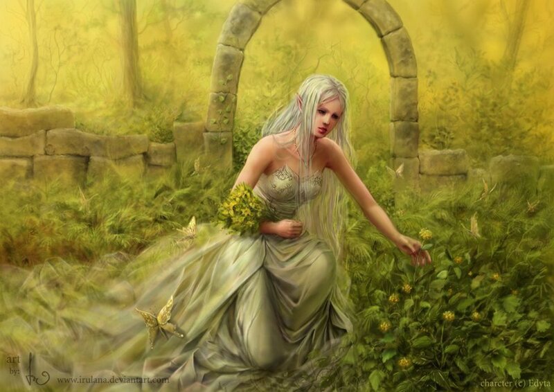 Elf Woman in Garden — Green, Serene, Afternoon