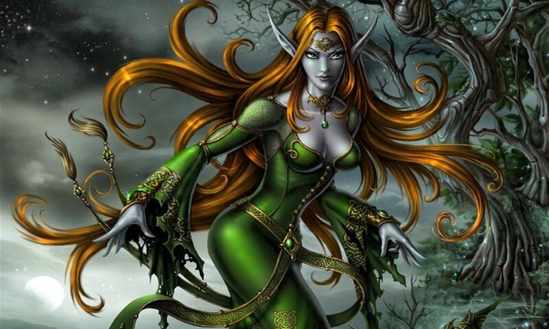 Elf Woman in Green Dress — Dramatic, Night