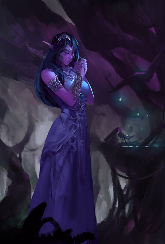 Elf Woman in Purple Dress — Dramatic, Night, Digital Art, Cave