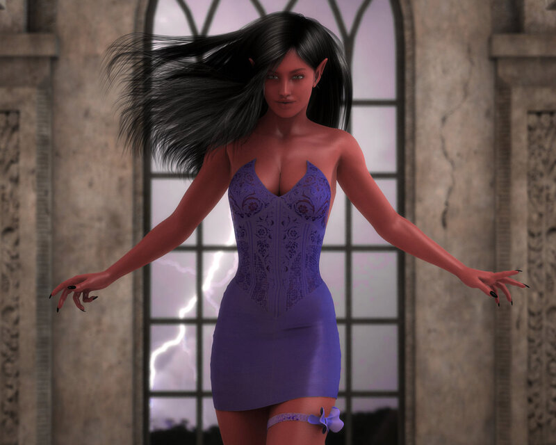 Elf Woman in Purple Dress — Dramatic, Night