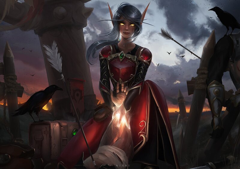 Elf Woman in Red Armor — Dramatic, Sunset