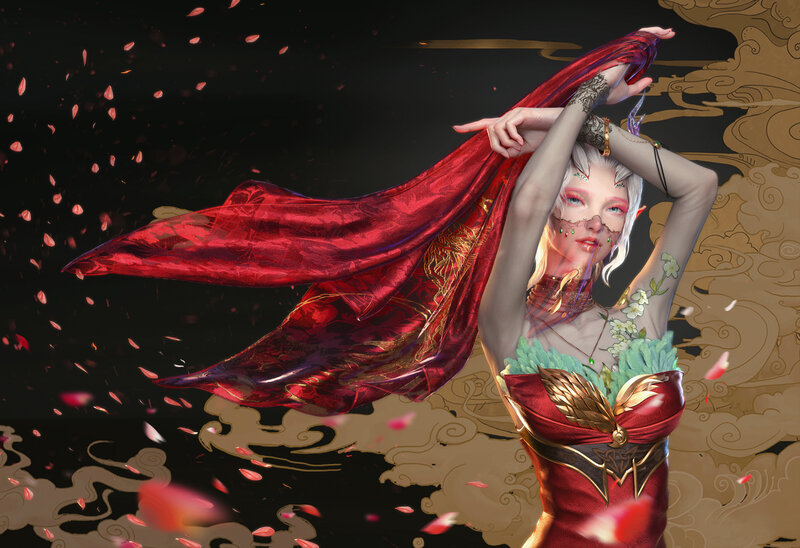 Elf Woman in Red Dress — Dramatic, Digital Art, Red Scarf