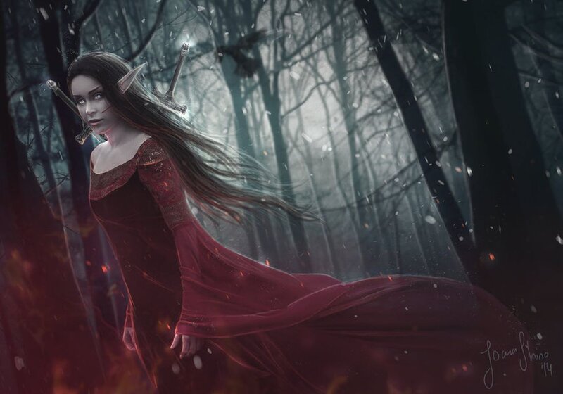 Elf Woman in Red Dress — Dramatic, Winter