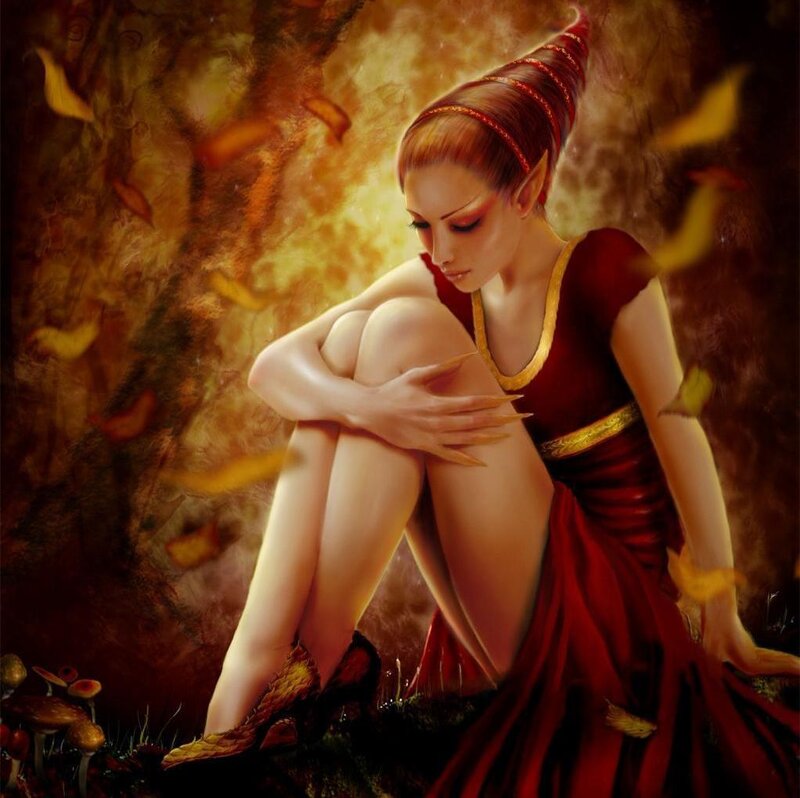 Elf Woman in Red Dress — Melancholic, Autumn