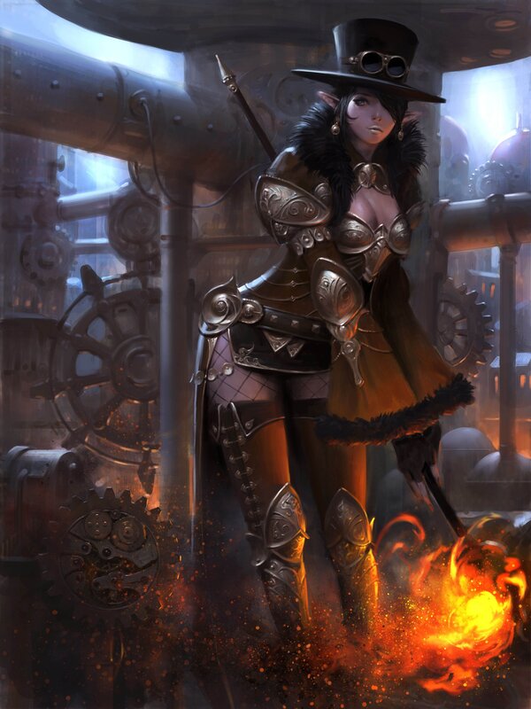 Elf Woman in Steampunk Armor — Brown, Dramatic