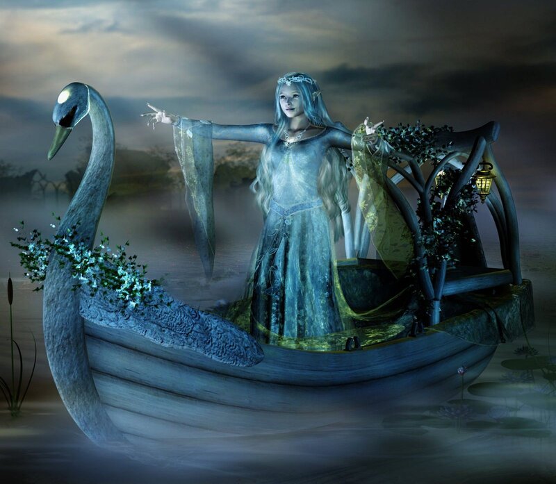 Elf Woman in Swan Boat — Blue, Mystical