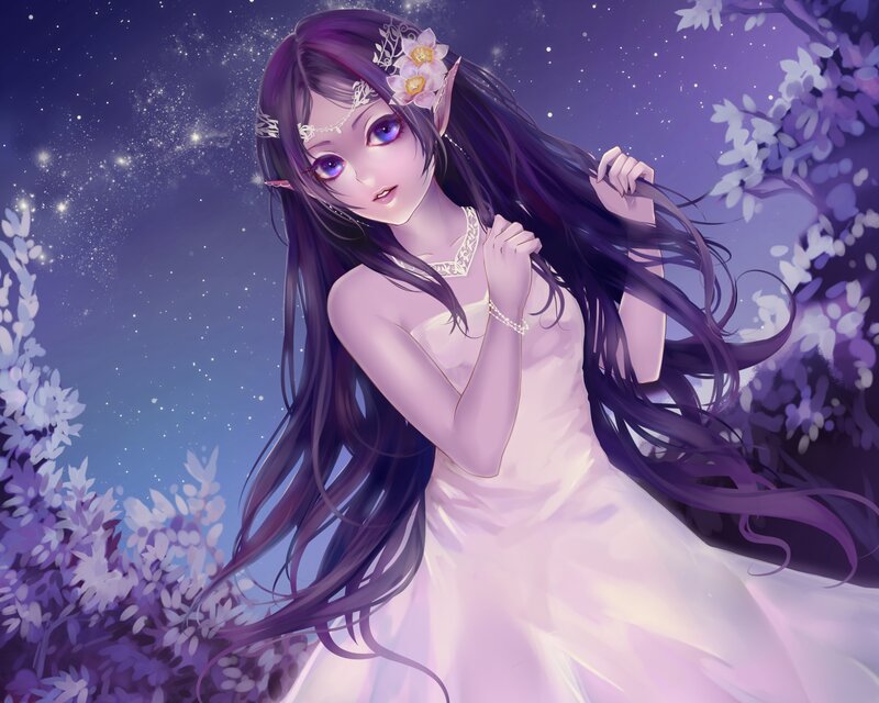 Elf Woman in White Dress — Purple, Serene, Night, Digital Art