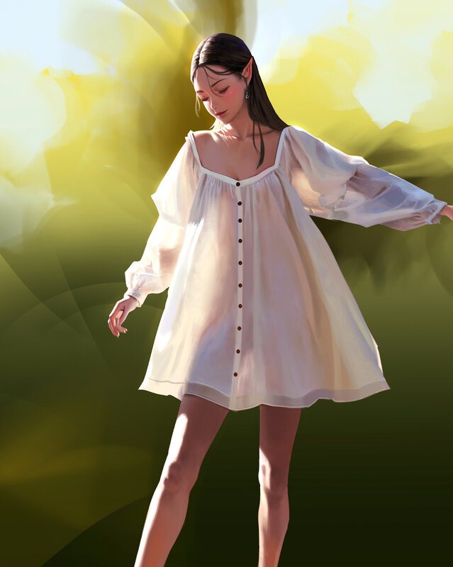 Elf Woman in White Dress — Serene, Afternoon