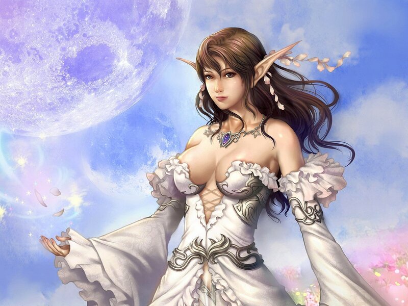 Elf Woman in White Dress — Serene, Night, Digital Art, Moon