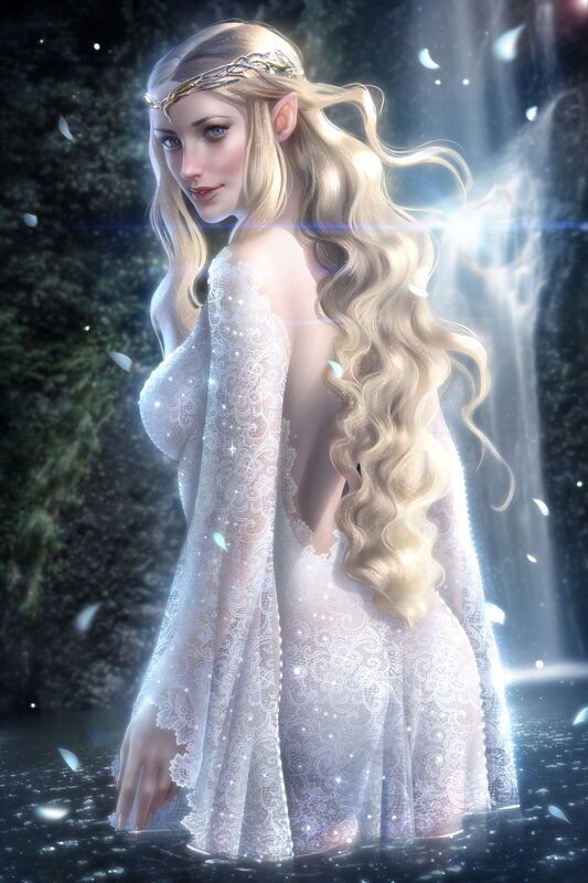Elf Woman in White Dress — Serene, Night, Digital Art, Waterfall