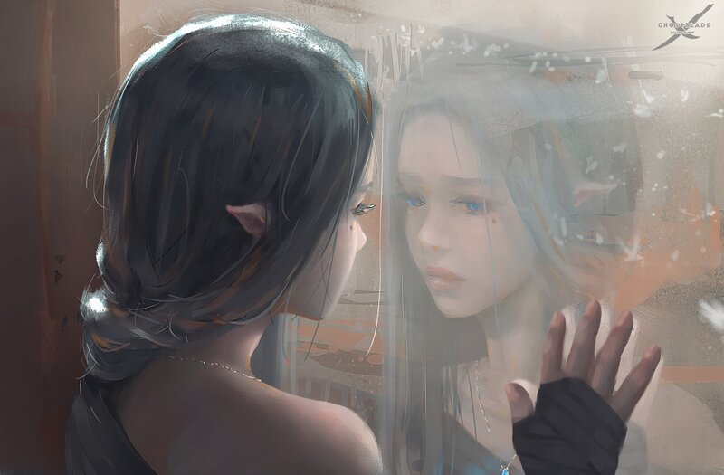 Elf Woman Looking at Reflection