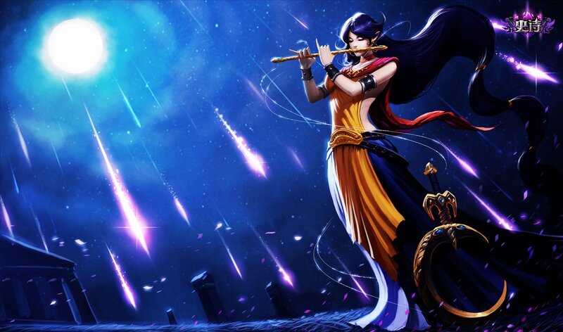 Elf Woman Playing Flute — Blue, Dramatic, Night, Digital Art, Sword