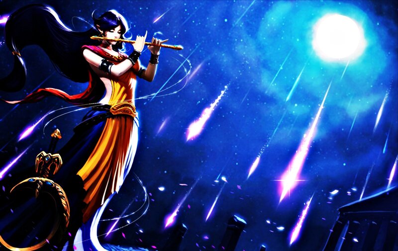 Elf Woman Playing Flute — Blue, Dramatic, Night, Digital Art