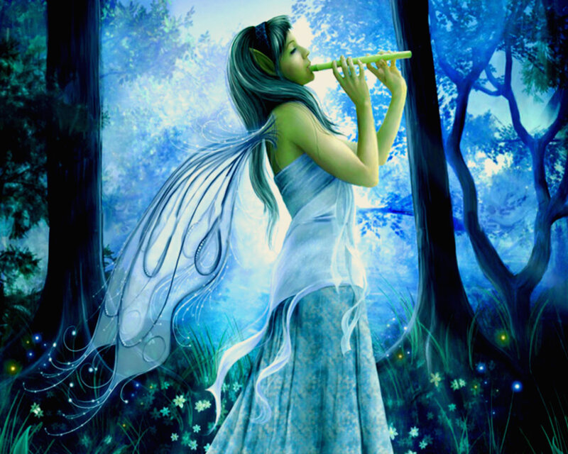 Elf Woman Playing Flute — Blue, Serene, Night
