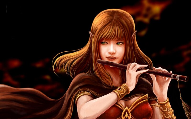 Elf Woman Playing Flute — Brown