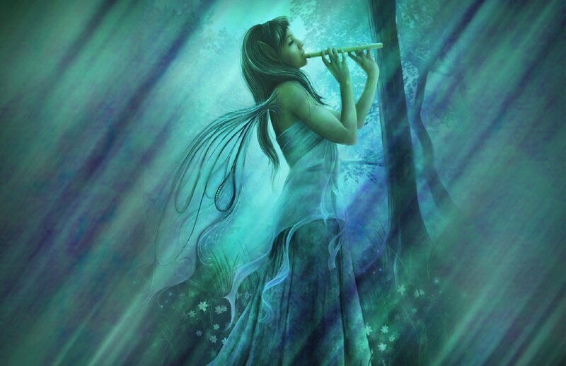 Elf Woman Playing Flute — Green
