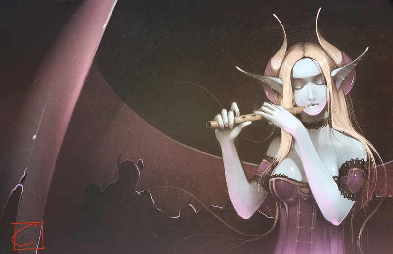 Elf Woman Playing Flute — Purple