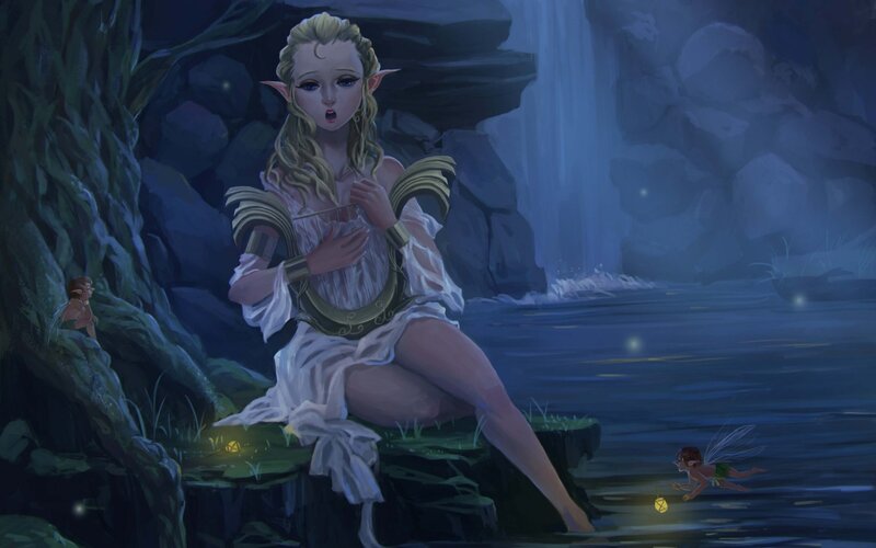 Elf Woman Playing Harp — Blue