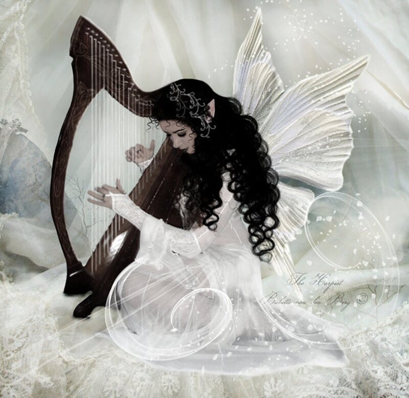 Elf Woman Playing Harp — White