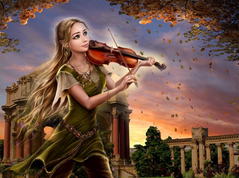 Elf Woman Playing Violin — Green, Dramatic